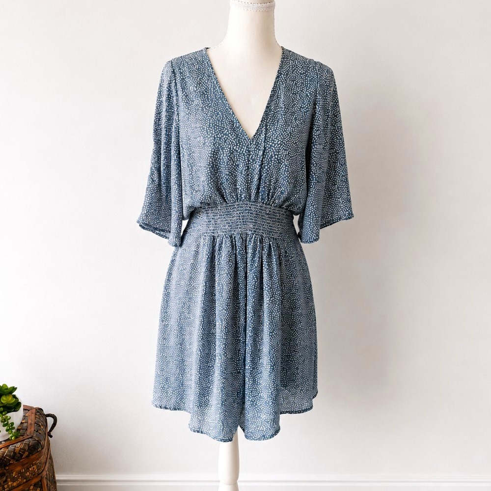 Promesa Womens M Blue Floral Dot Print Smocked Waist Mini Dress Boho Cottagecore